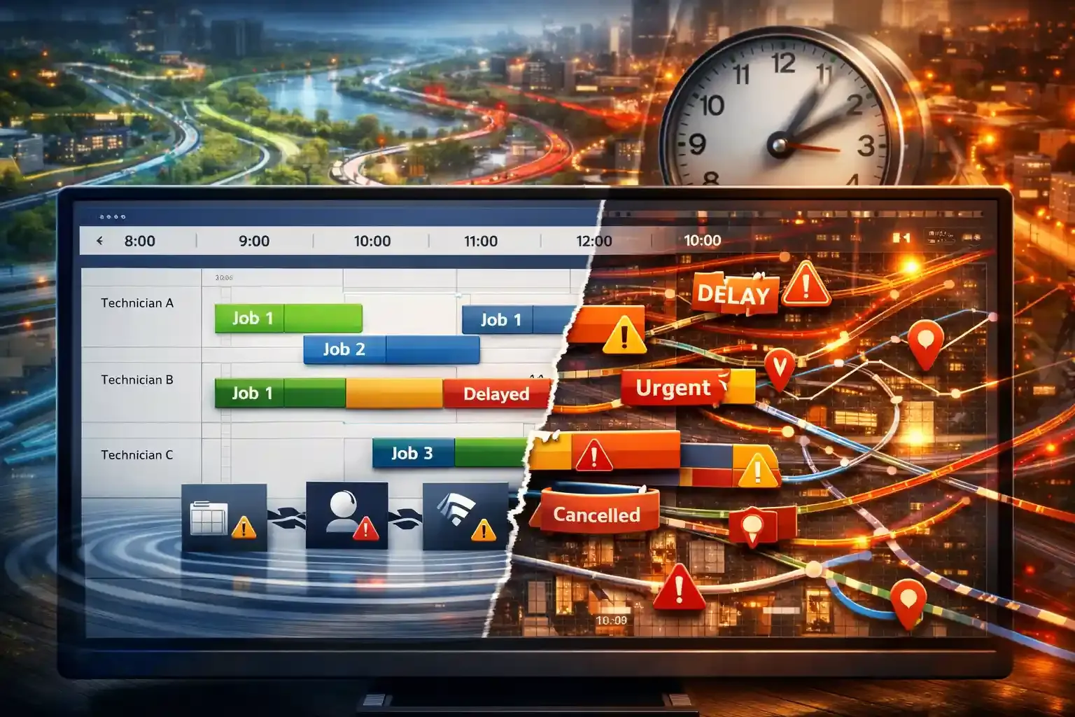 Field service schedule dashboard shifting from organized to disrupted view
